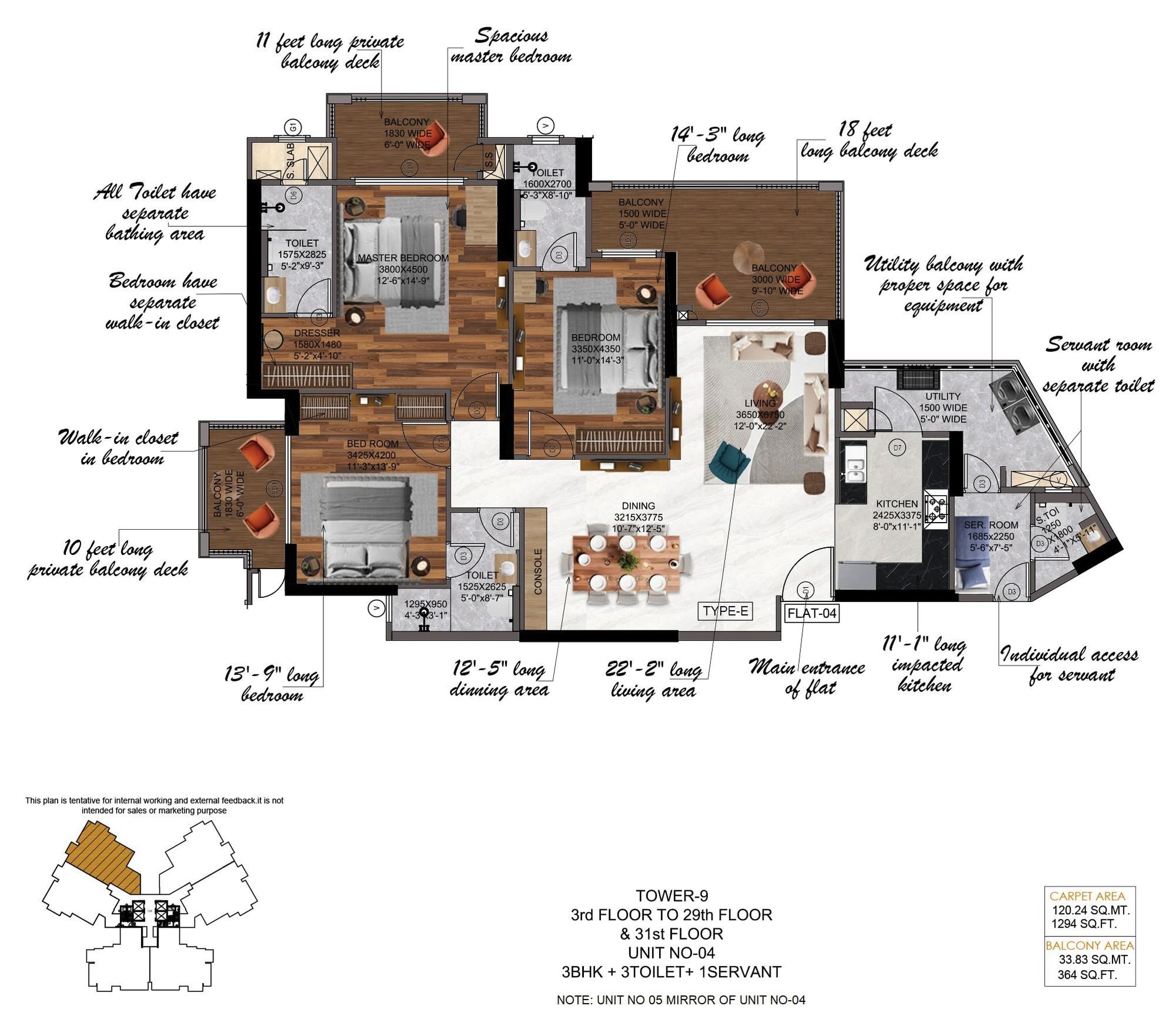 Nimbus The Arista Luxe 3 BHK + Servant · Tower 9, Unit 04 & 05 3D view