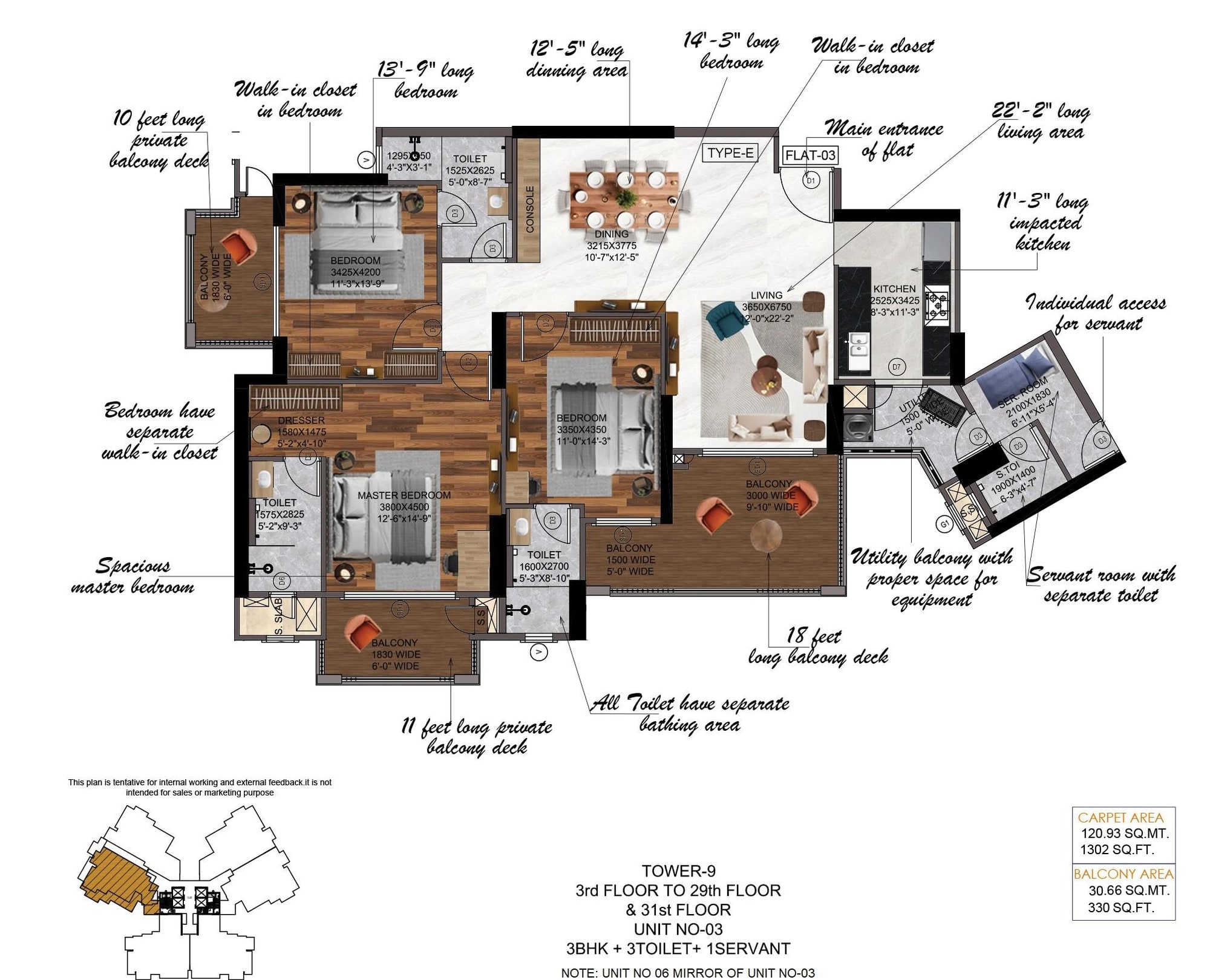 Nimbus The Arista Luxe 3 BHK + Servant · Tower 9, Unit 03 & 06 3D view