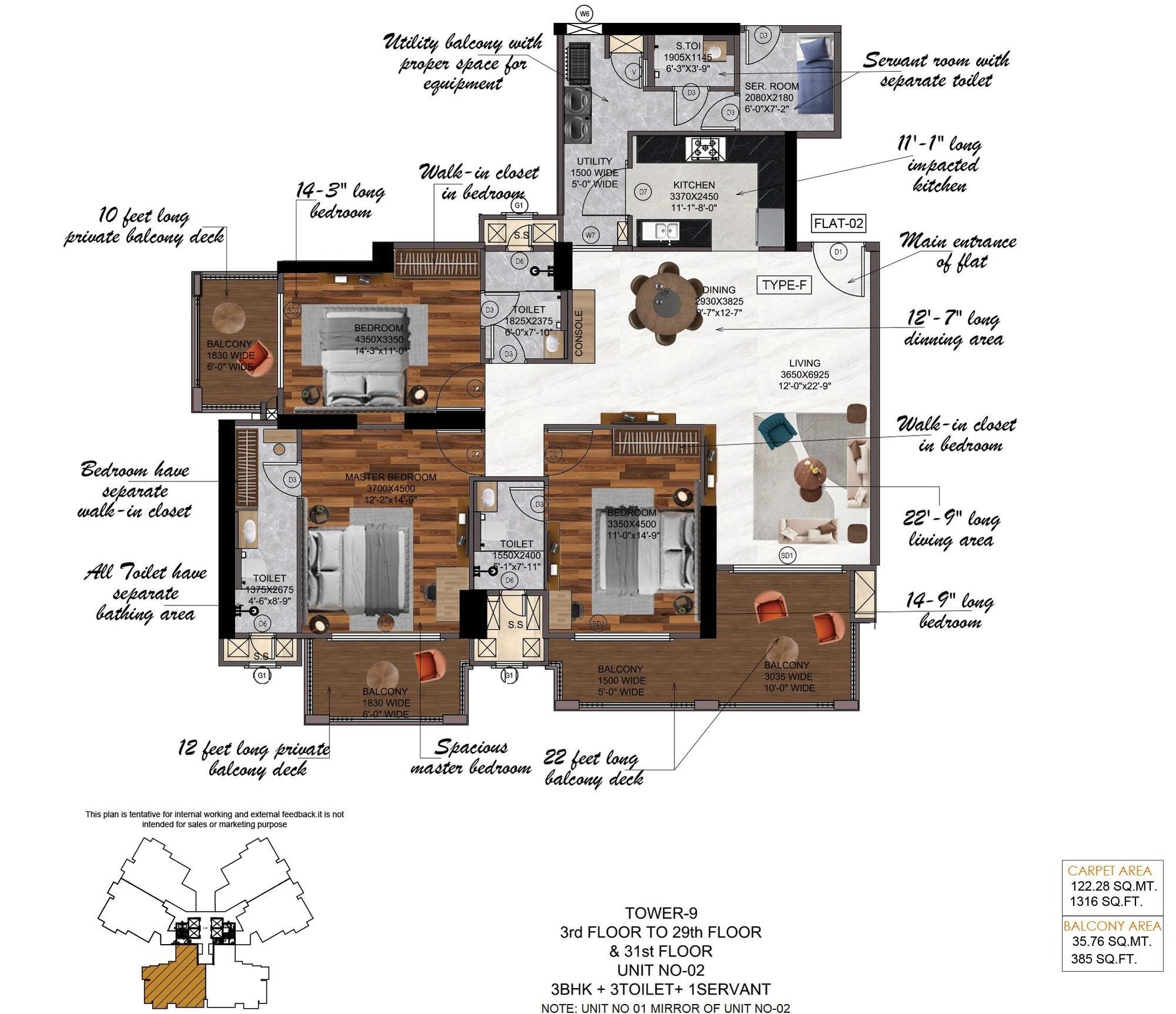 Nimbus The Arista Luxe 3 BHK + Servant · Tower 9, Unit 01 & 02 3D view