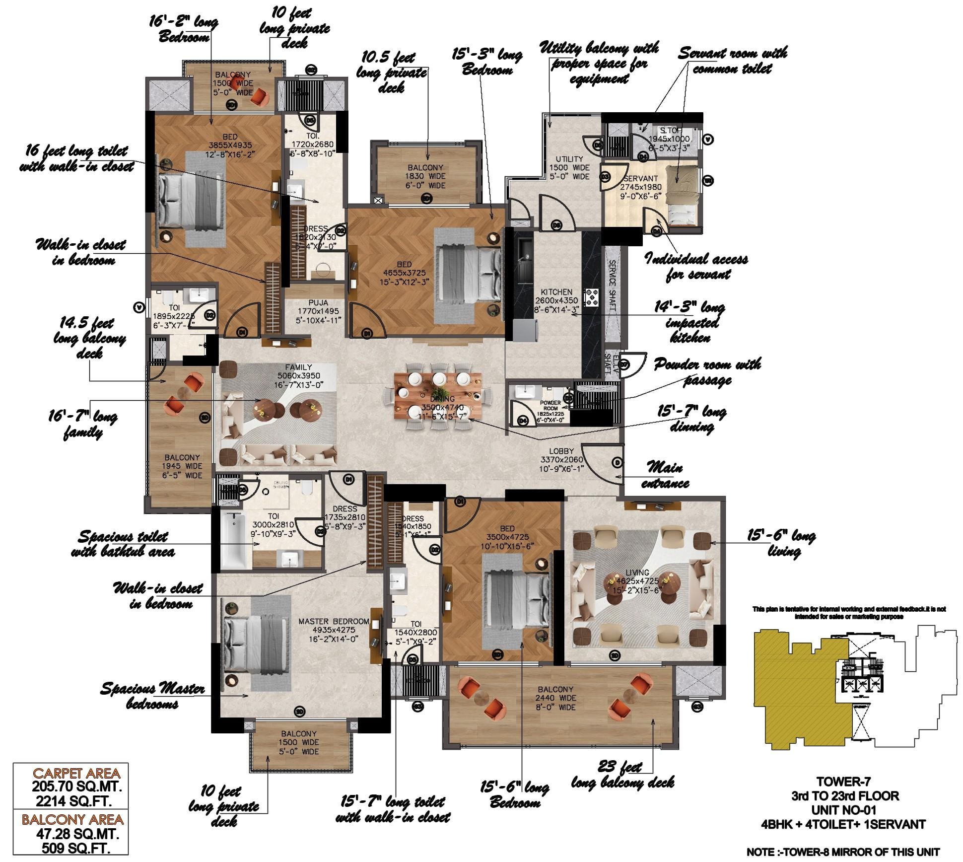 Nimbus The Arista Luxe 4 BHK + Servant · Tower 7, Unit 01 3D view