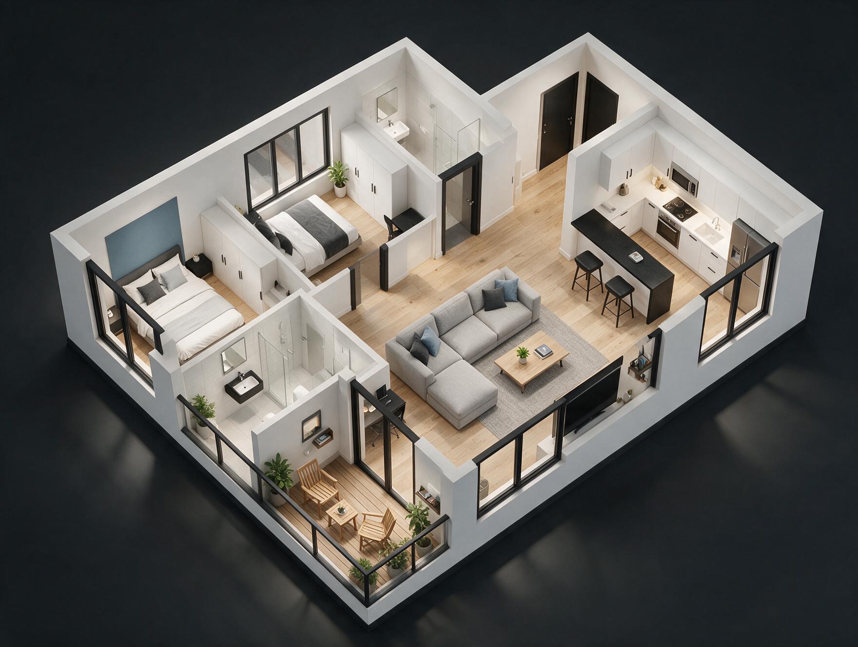 Eldeco Ballads of Bliss 2 BHK + Study Plan 3D view