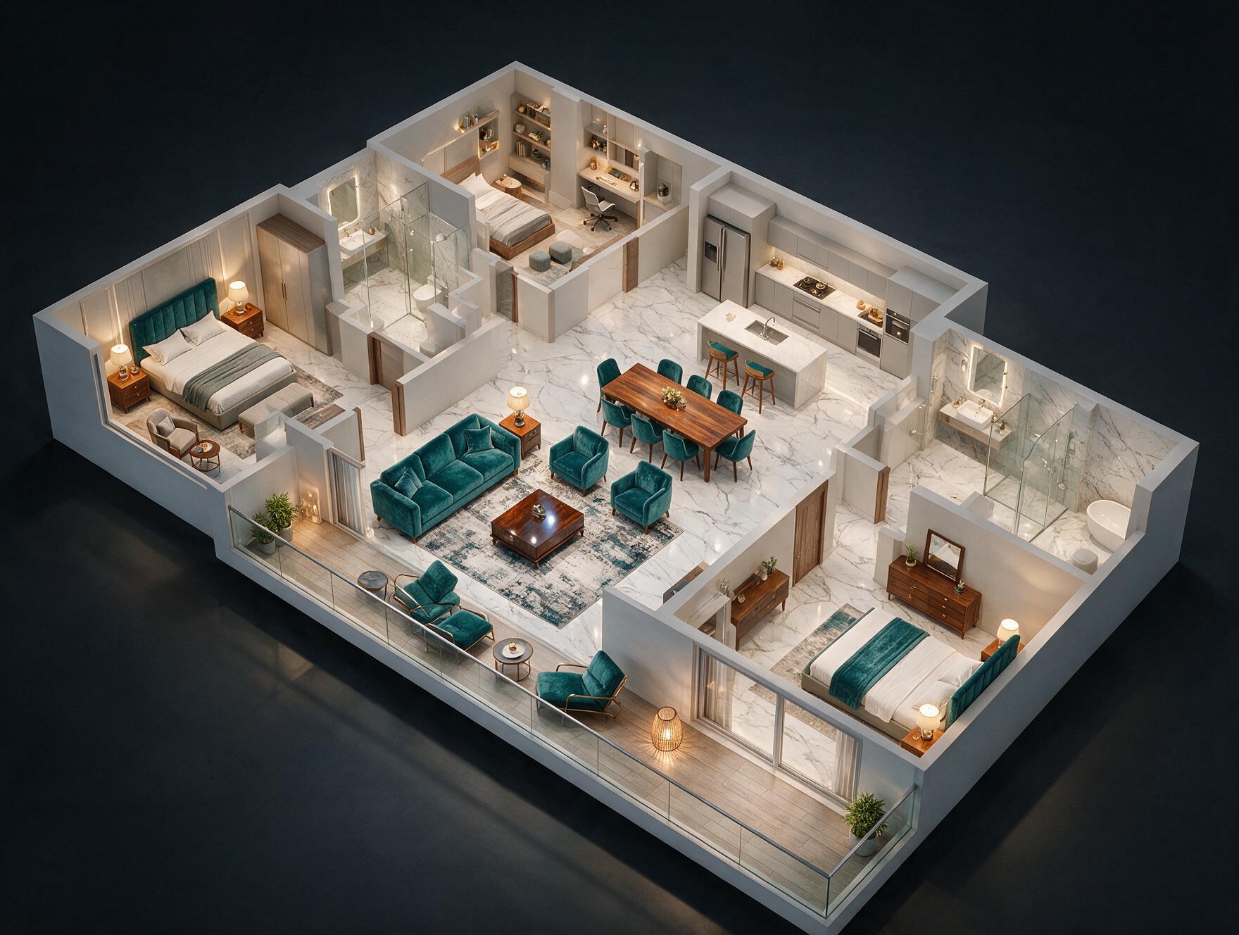 Eldeco Live by the Greens 3 BHK Compact Plan 3D view