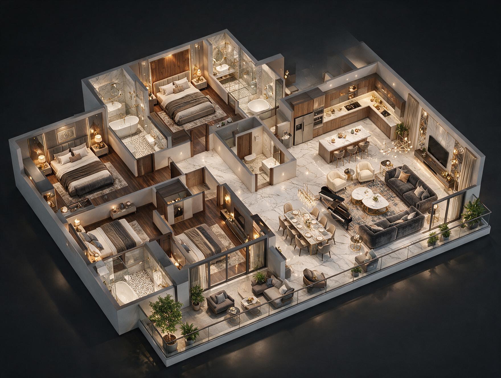 County 107 4 BHK Apartment Plan 3D view