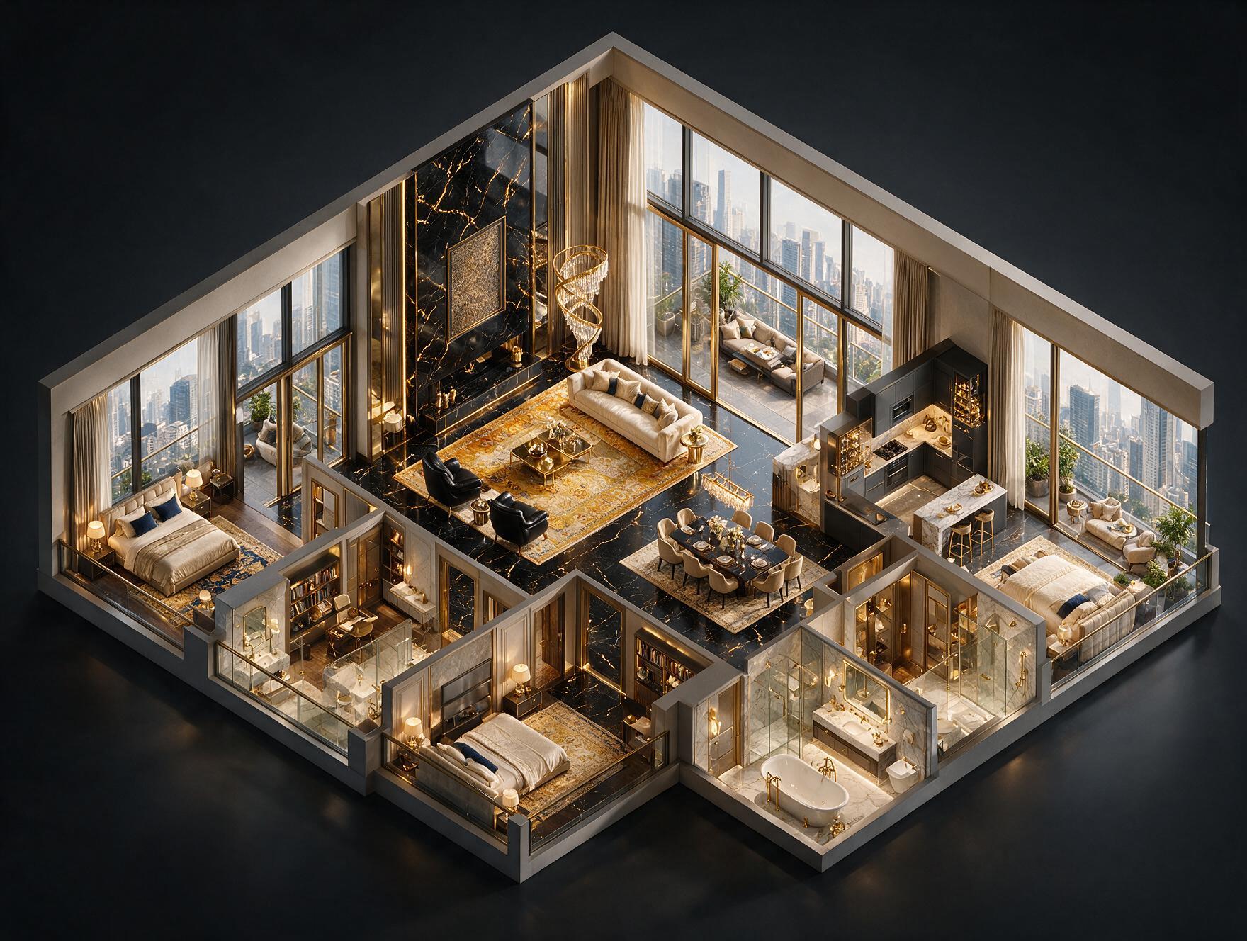 M3M The Cullinan 3 BHK Floor Plan 3D view