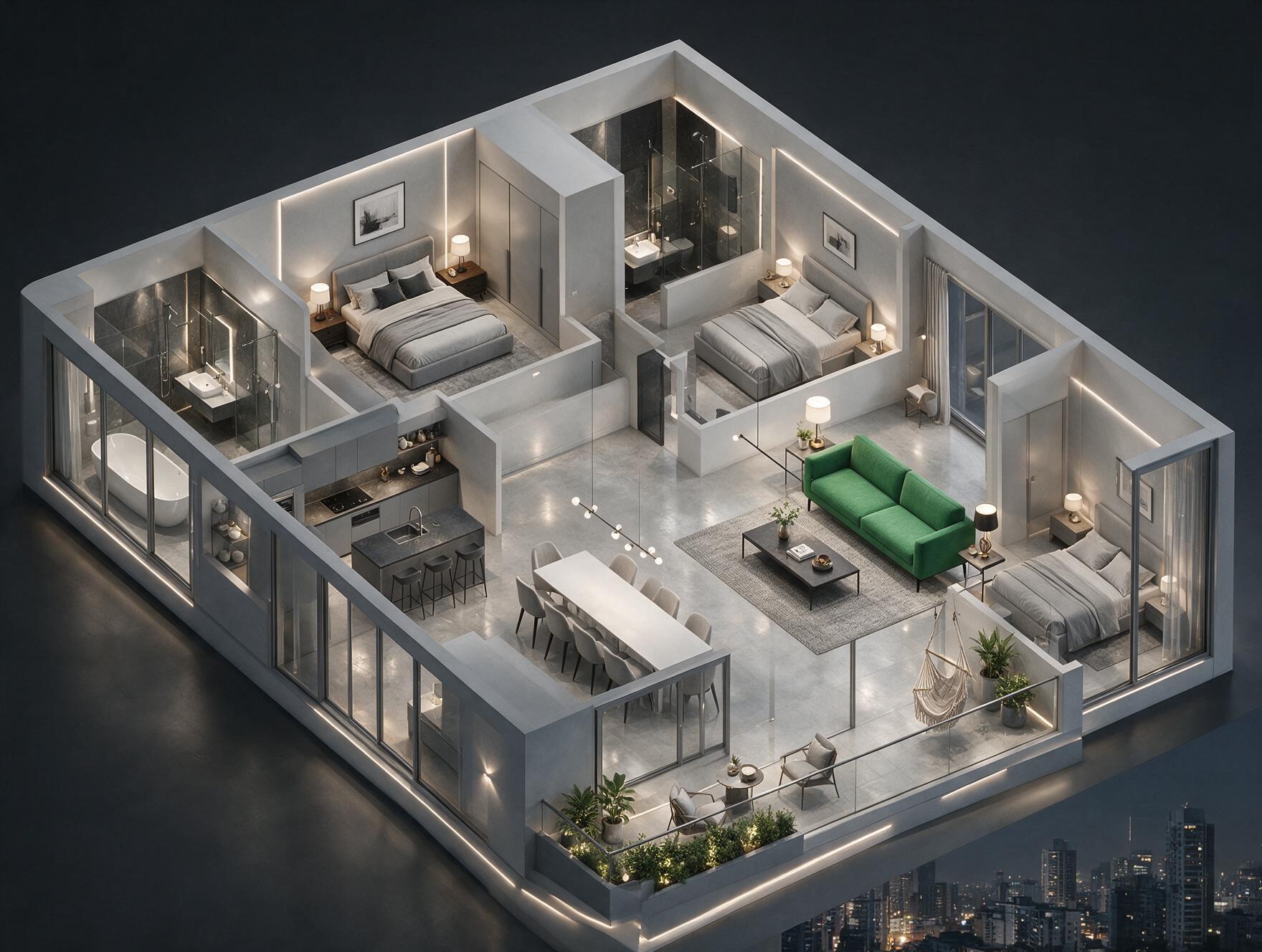 M3M Experia 3 BHK Floor Plan 3D view