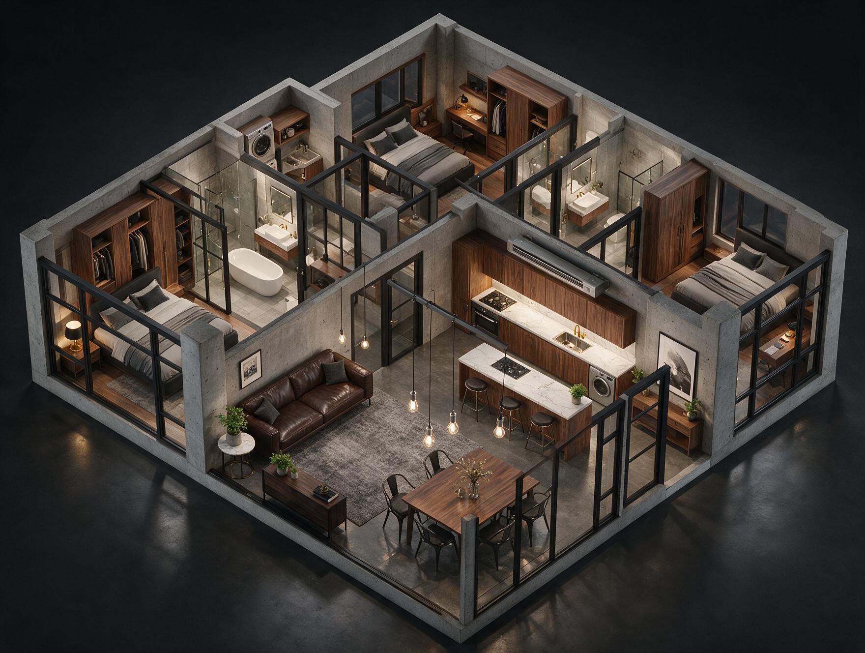 M3M Experia 3 BHK + Utility Plan 3D view