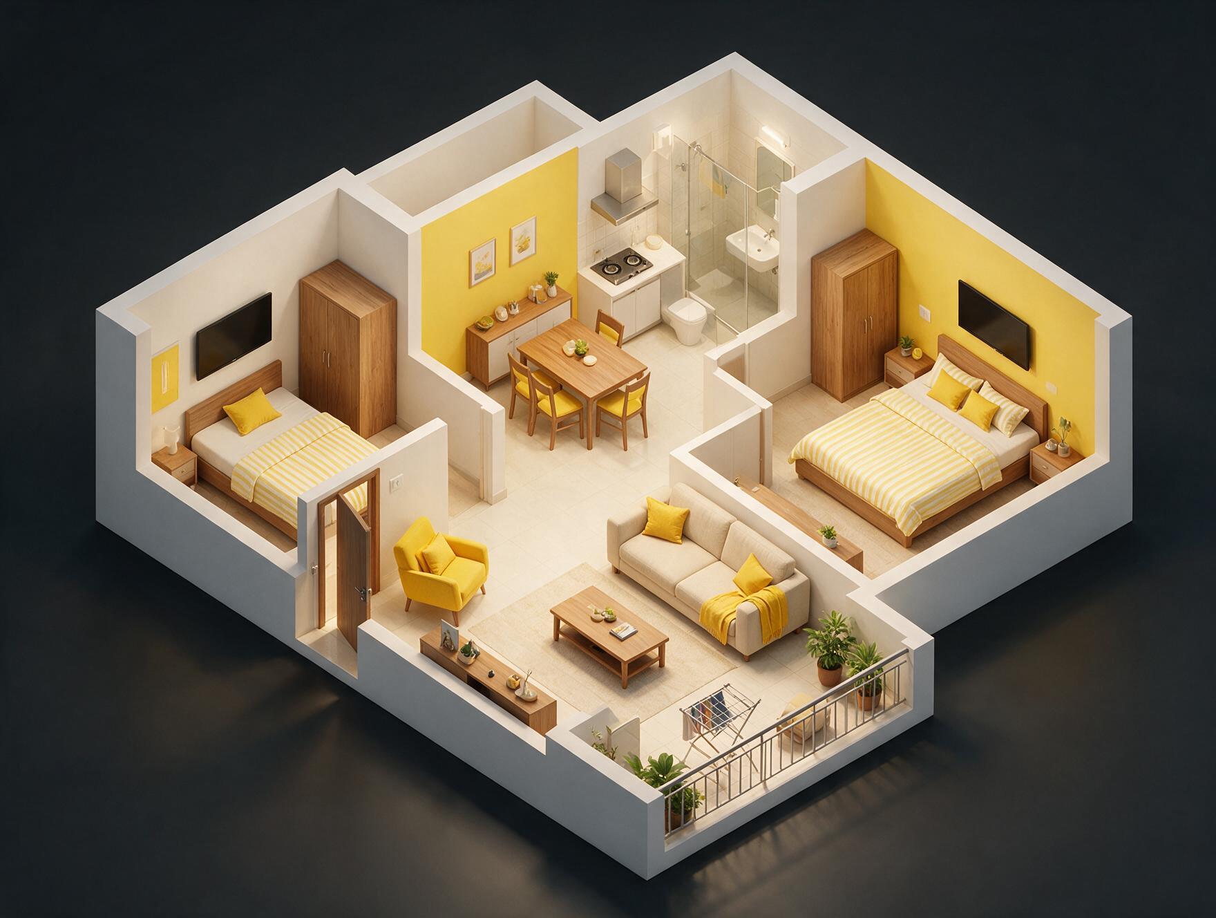Eldeco Green Meadows 2 BHK Floor Plan 3D view