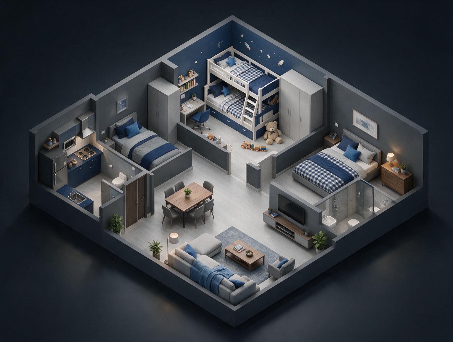 Eldeco Green Meadows 3 BHK Compact Plan 3D view