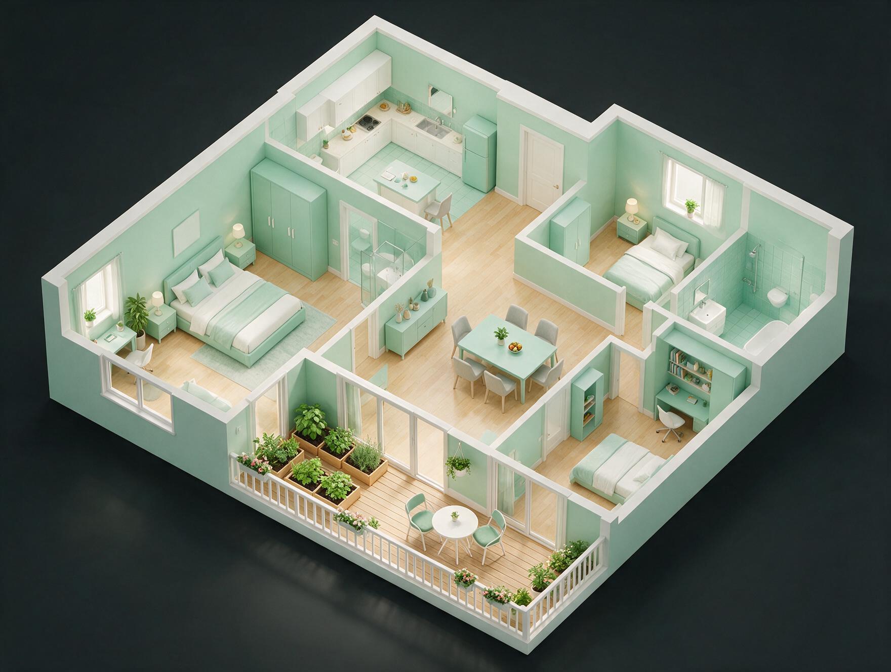 Eldeco Green Meadows 3 BHK Floor Plan 3D view