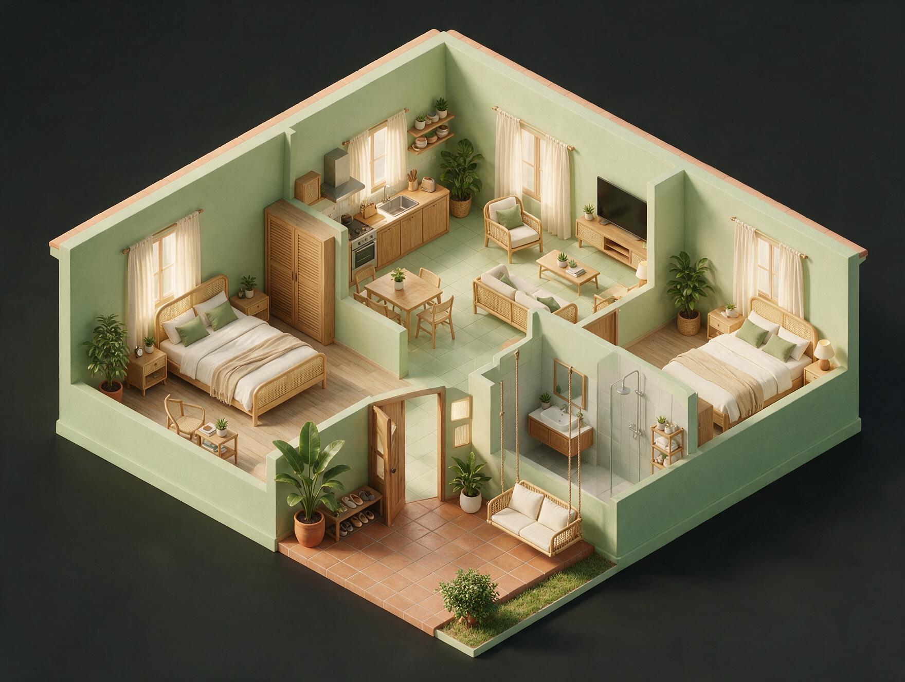 Eldeco Mystic Greens 2 BHK Floor Plan 3D view