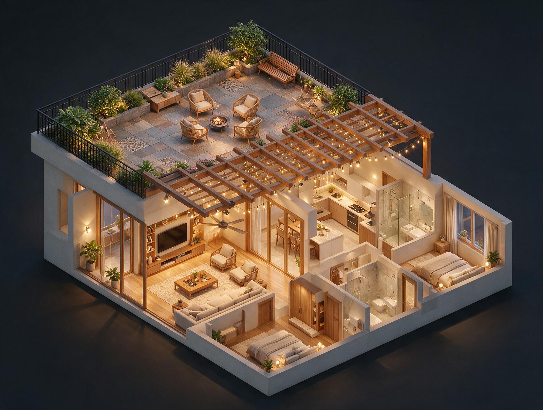 Eldeco Mystic Greens 3 BHK + Terrace Plan 3D view