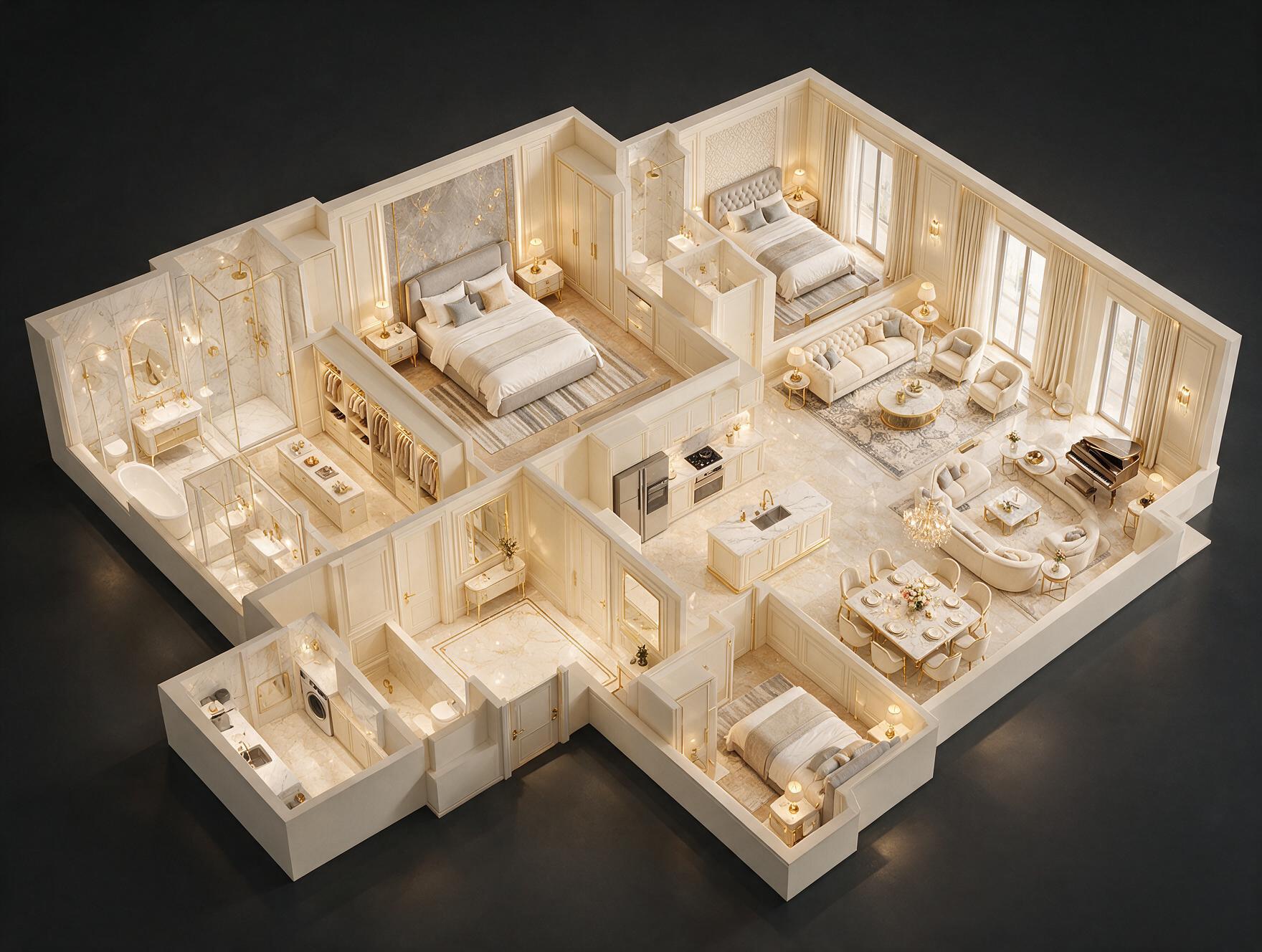 Godrej Riverine 3 BHK + Utility Plan 3D view